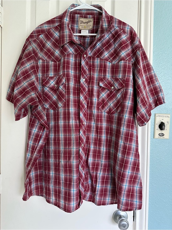 Wrangler Other - VTG Wrangler Red White Blue Plaid Short Sleeve Pearl Snap Rodeo Mens Size 3XL
